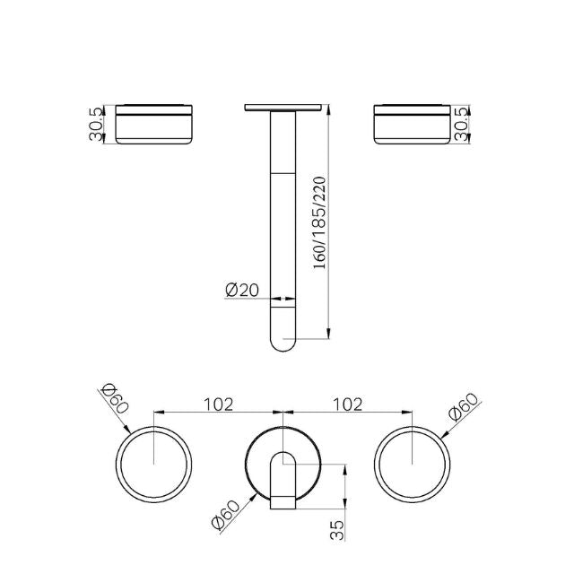 Technical Drawing Nero Serenity Wall Basin Set 220mm Spout With Rome Travertine Handle Trim Kit Only Chrome 24D088CH - The Blue Space