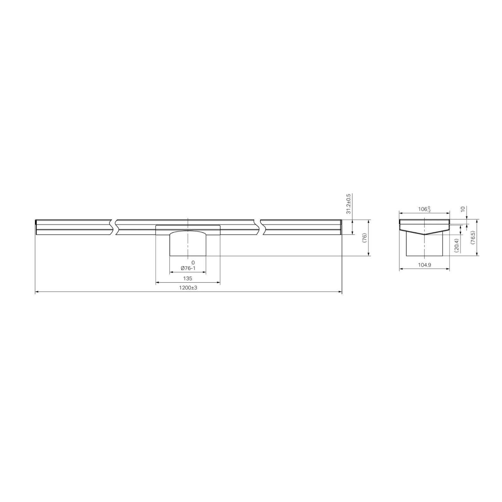 Technical Drawing Nero Tile Insert V Channel 1200x106mm Floor Grate 80mm Outlet Brushed Gold NRFG009HSBG_KIT - The Blue Space