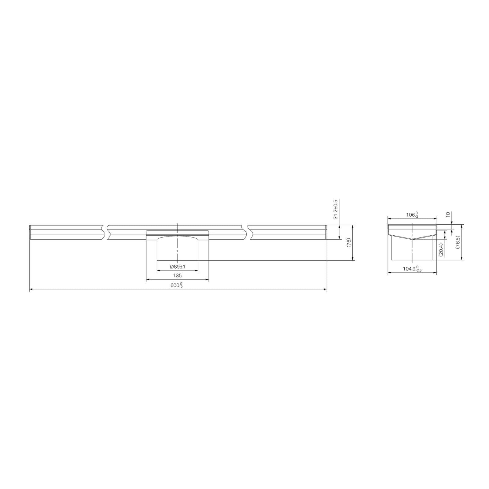 Technical Drawing Nero Tile Insert V Channel 600x106mm Floor Grate 90mm Outlet Brushed Gold NRFG004HSBG_KIT - The Blue Space