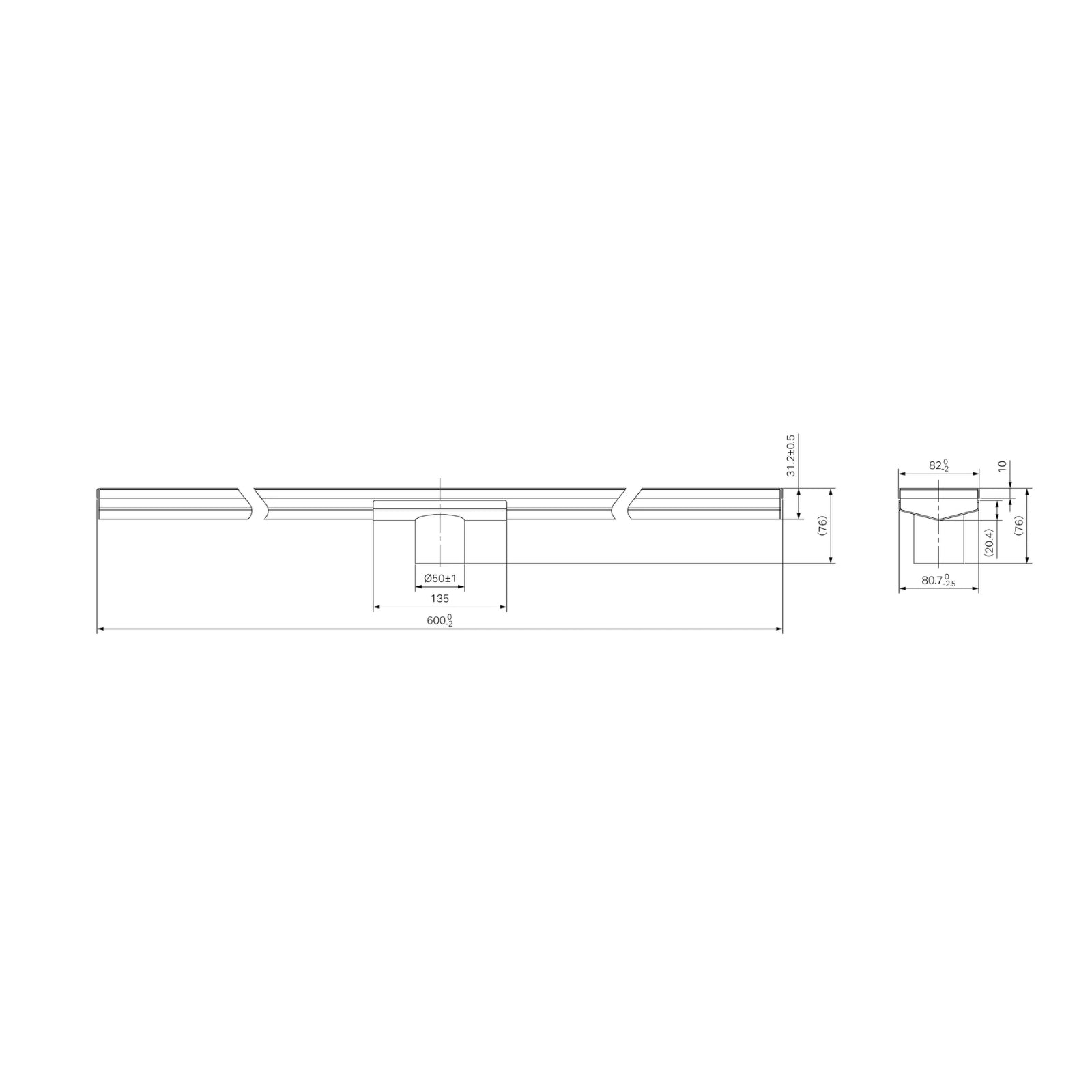 Technical Drawing Nero Tile Insert V Channel 600x82mm Floor Grate 50mm Outlet Gun Metal NRFG006HSGM_KIT - The Blue Space