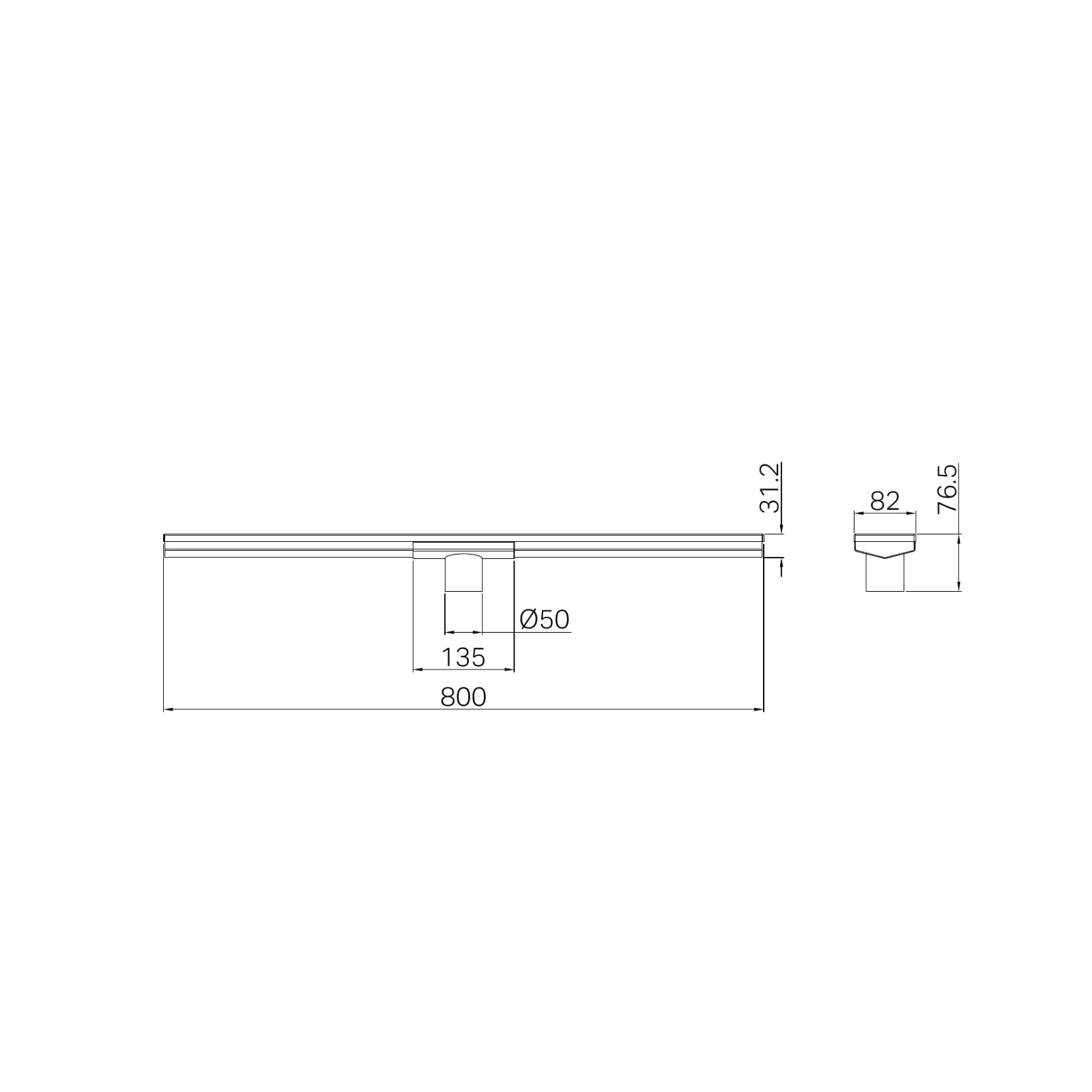 Technical Drawing Nero Tile Insert V Channel 800x82mm Floor Grate 50mm Outlet Gun Metal NRFG011HSGM - The Blue Space
