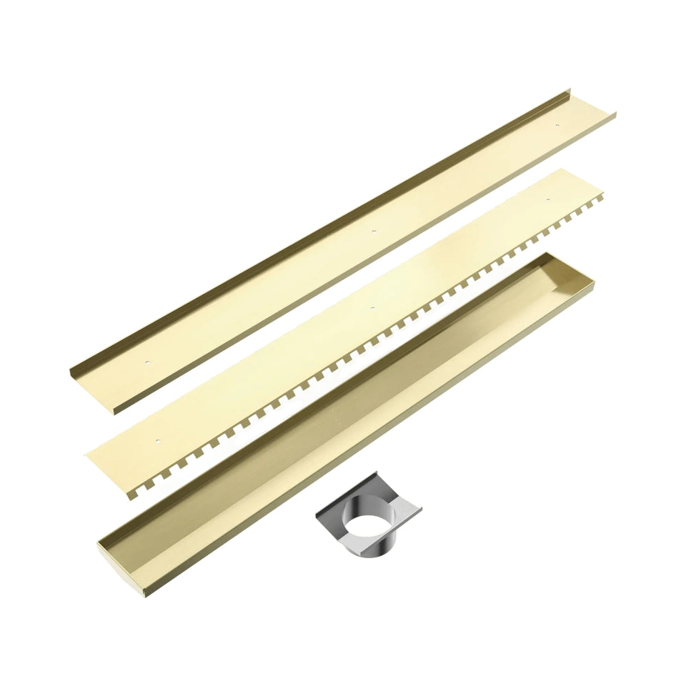 Nero Tile Insert V Channel 900x106mm Floor Grate 90mm Outlet Brushed Gold