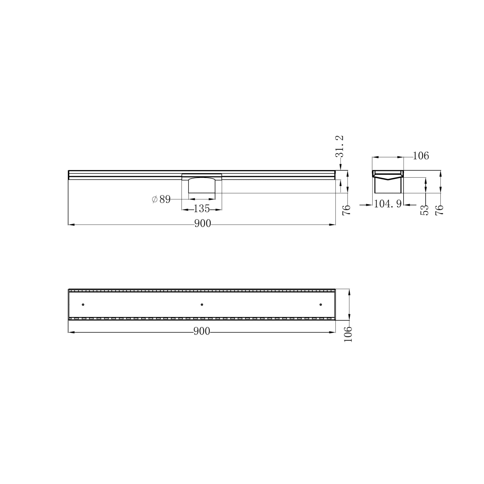 Technical Drawing Nero Tile Insert V Channel 900x106mm Floor Grate 90mm Outlet Brushed Gold NRFG001HSBG_KIT - The Blue Space
