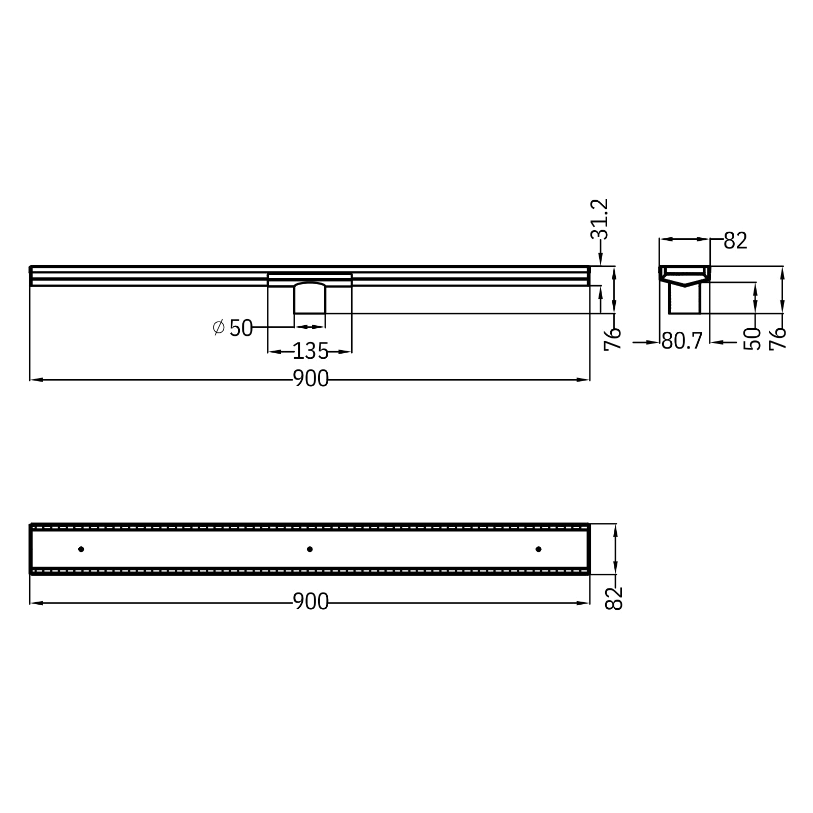 Technical Drawing Nero Tile Insert V Channel 900x82mm Floor Grate 50mm Outlet Brushed Bronze NRFG002HSBZ - The Blue Space
