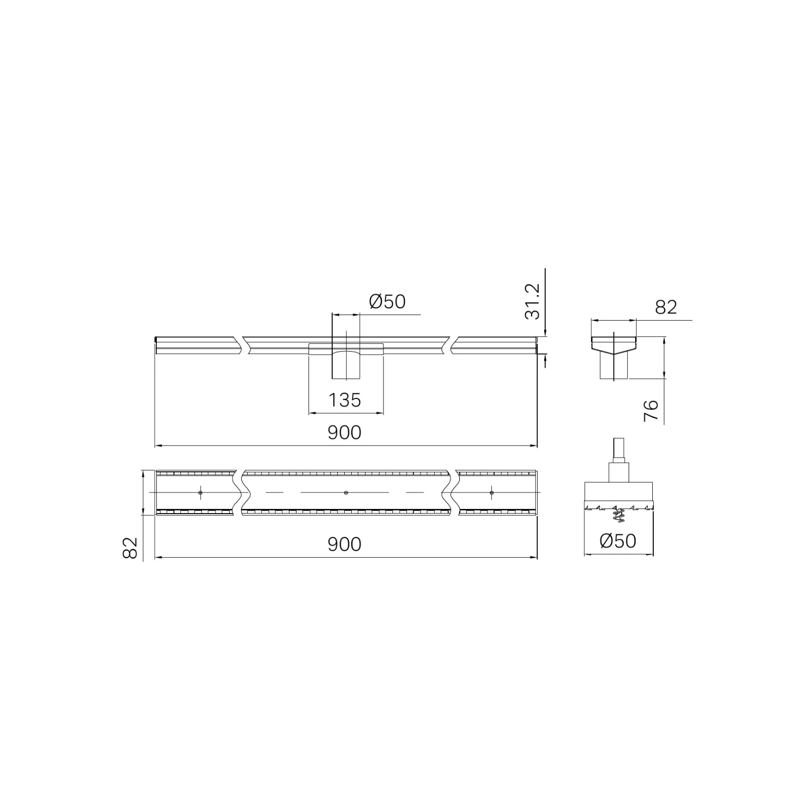 Technical Drawing Nero Tile Insert V Channel 900x82mm Floor Grate 50mm Outlet Gun Metal NRFG002HSGM_KIT - The Blue Space