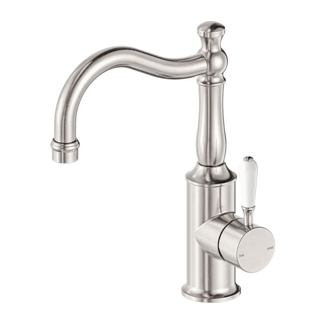 Nero York Basin Mixer Hook Spout With White Porcelain Lever Brushed Nickel