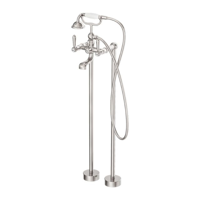 Nero York Freestanding Bath Set With White Porcelain Hand Shower Brushed Nickel