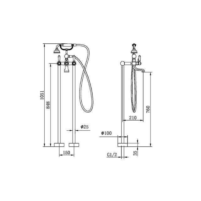 Nero York Freestanding Bath Set With White Porcelain Hand Shower Brushed Nickel