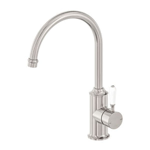 Nero York Kitchen Mixer Gooseneck Spout With White Porcelain Lever Brushed Nickel