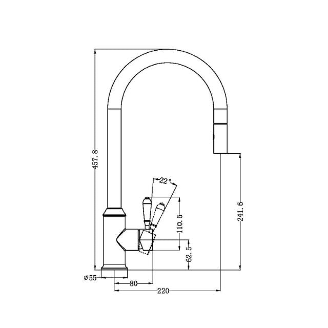 Technical Drawing Nero York Pull Out Sink Mixer With Vegie Spray Function With White Porcelain Lever Brushed Nickel NR69210801BN - The Blue Space
