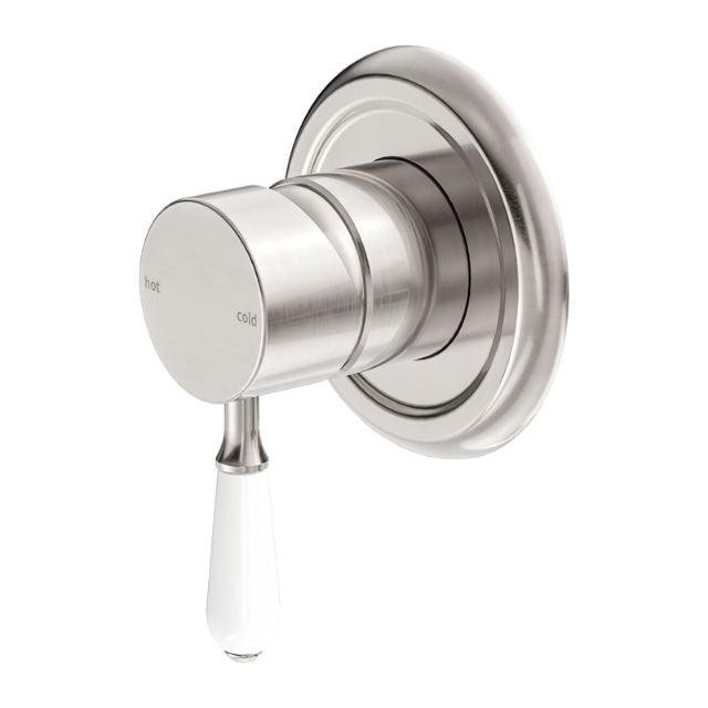 Nero York Shower Mixer With White Porcelain Lever Brushed Nickel NR69210901BN - The Blue Space