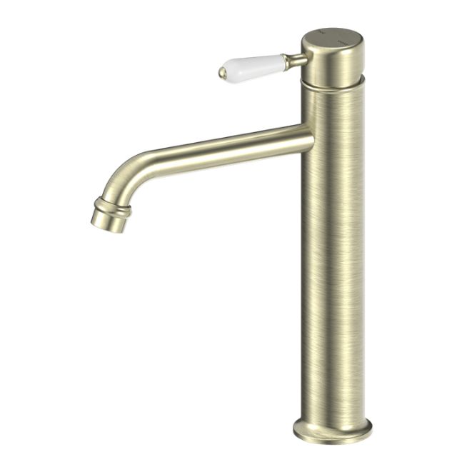 Nero York Straight Tall Basin Mixer With White Porcelain Lever Aged Brass