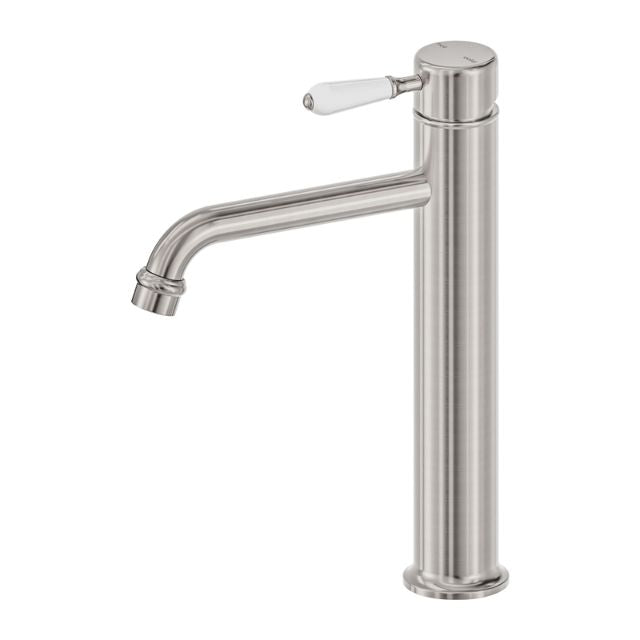Nero York Straight Tall Basin Mixer With White Porcelain Lever Brushed Nickel