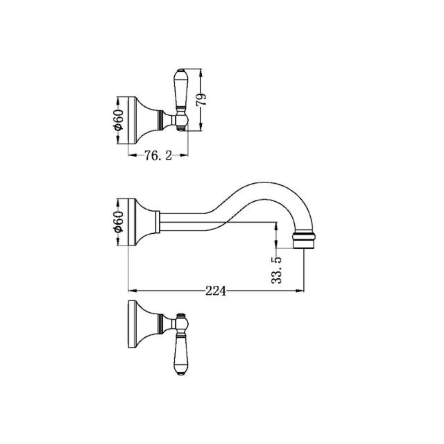 Technical Drawing Nero York Wall Basin Set With White Porcelain Lever Brushed Nickel NR692107A01BN - The Blue Space