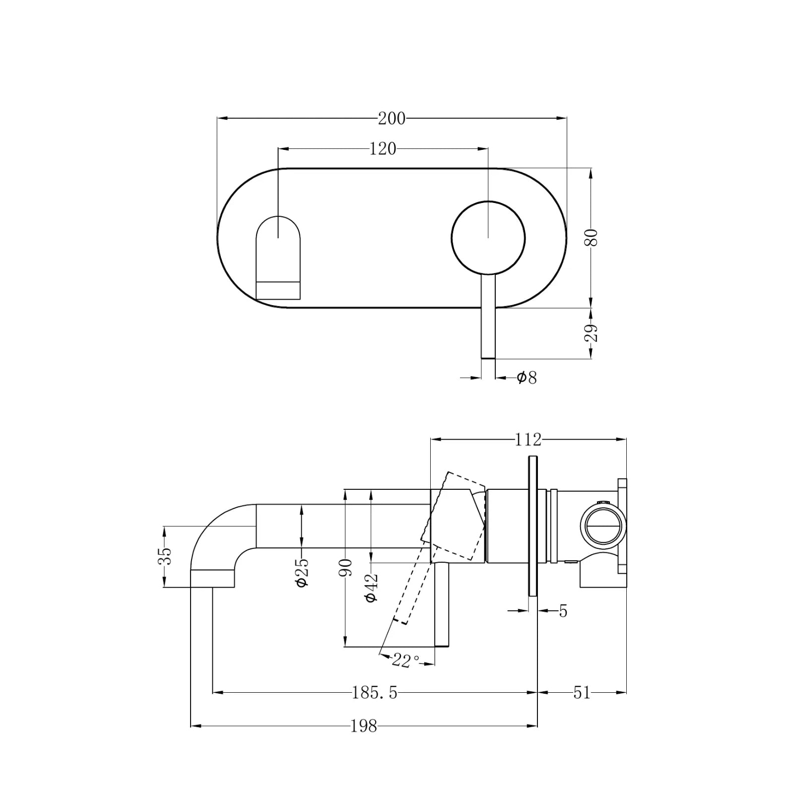 Technical Drawing Nero Zen SS316L Wall Basin/Bath Mixer 185mm Spout Brushed Gold NR162210A185BG_KIT - The Blue Space