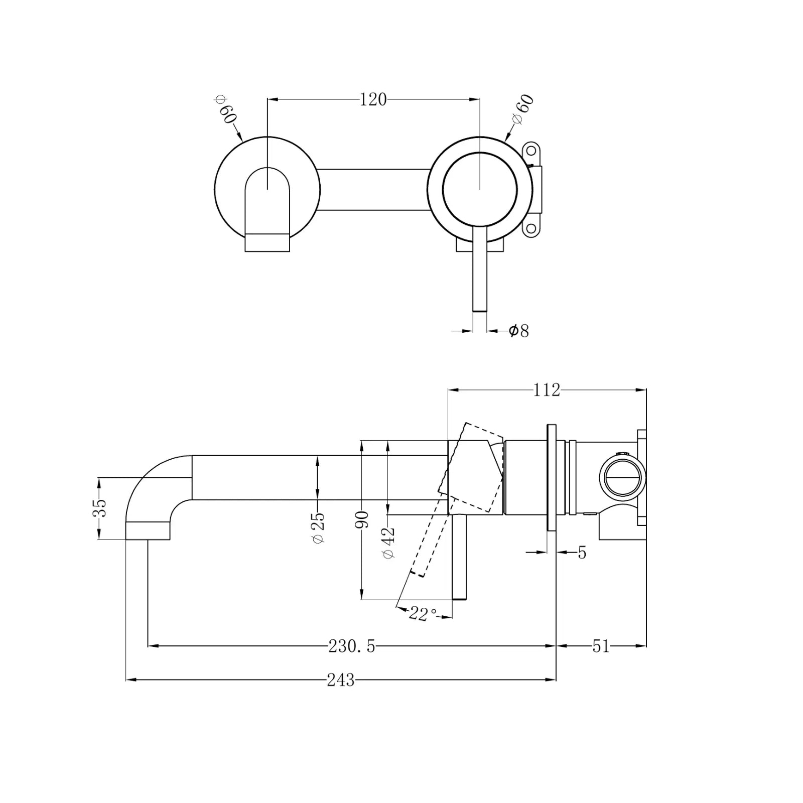 Technical Drawing Nero Zen SS316L Wall Basin/Bath Mixer Separate Back Plate 230mm Spout Brushed Nickel NR162210B230BN_KIT - The Blue Space