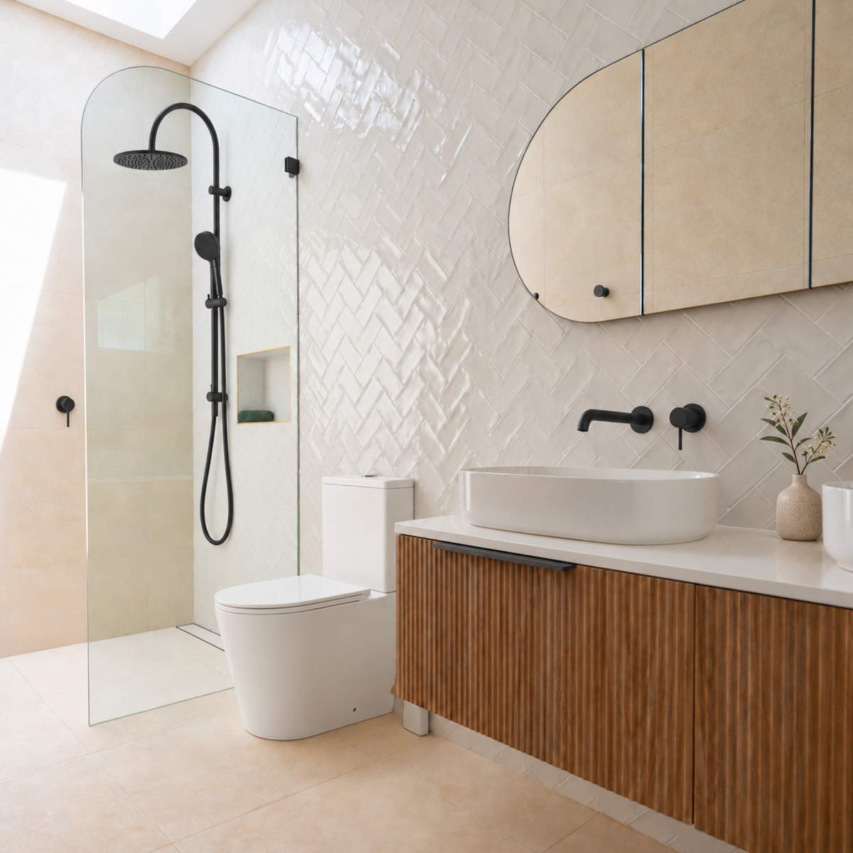 Modern bathroom interior featuring a glass shower enclosure, white vessel sink on a wood-look vanity, toilet, and beige tiled walls and floor.