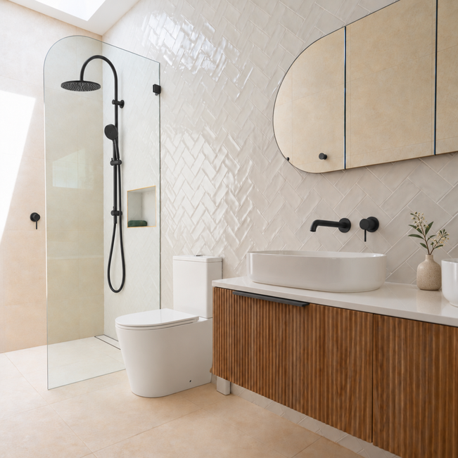 Modern bathroom interior featuring a glass shower enclosure, white vessel sink on a wood-look vanity, toilet, and beige tiled walls and floor.