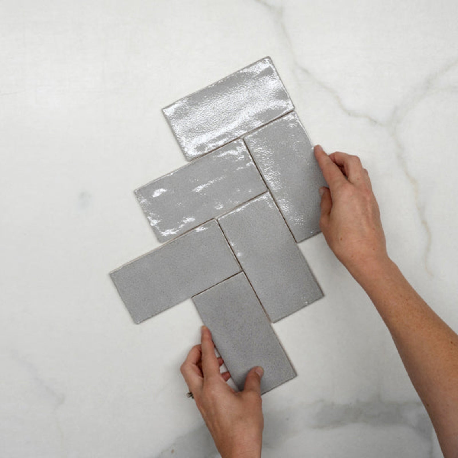 Fishbone With Hand Nickel Grey Dianna Hand Made Subway Tile 75 x 150 x 9mm Spanish Ceramic  | The Blue Space