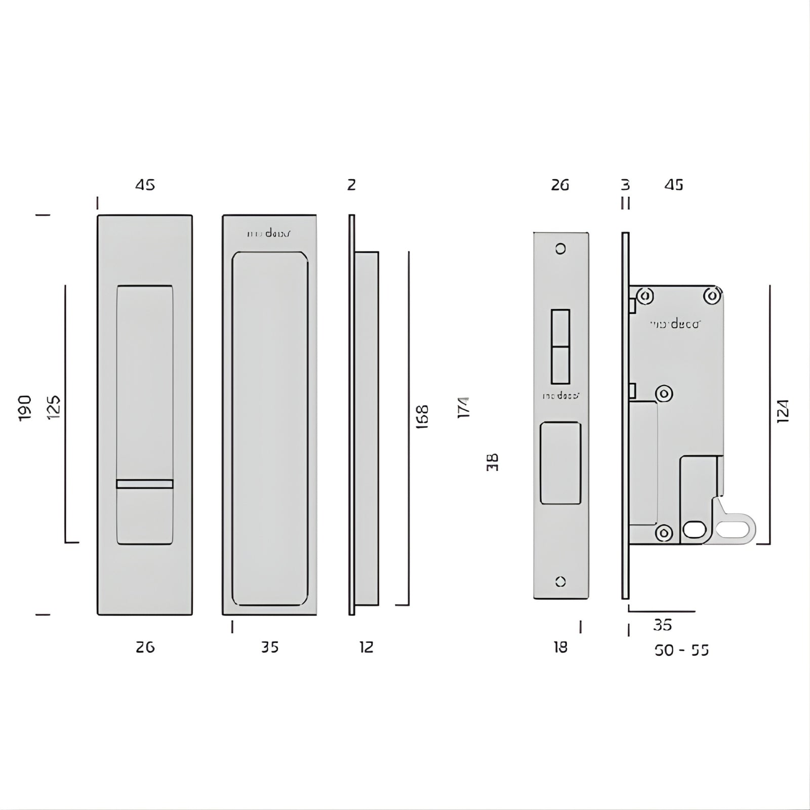 Technical Drawing Nidus Mardeco Cavity Sliding Door Privacy Set Polished Chrome MSC-8004-SET-CP - The Blue Space