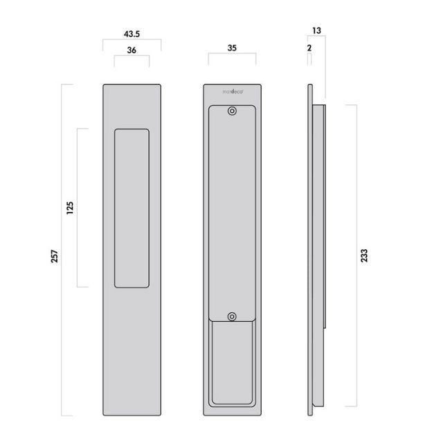 Nidus Mardeco rectangular flush pull (long plate 257mm) Brushed Nickel (sold as EACH)