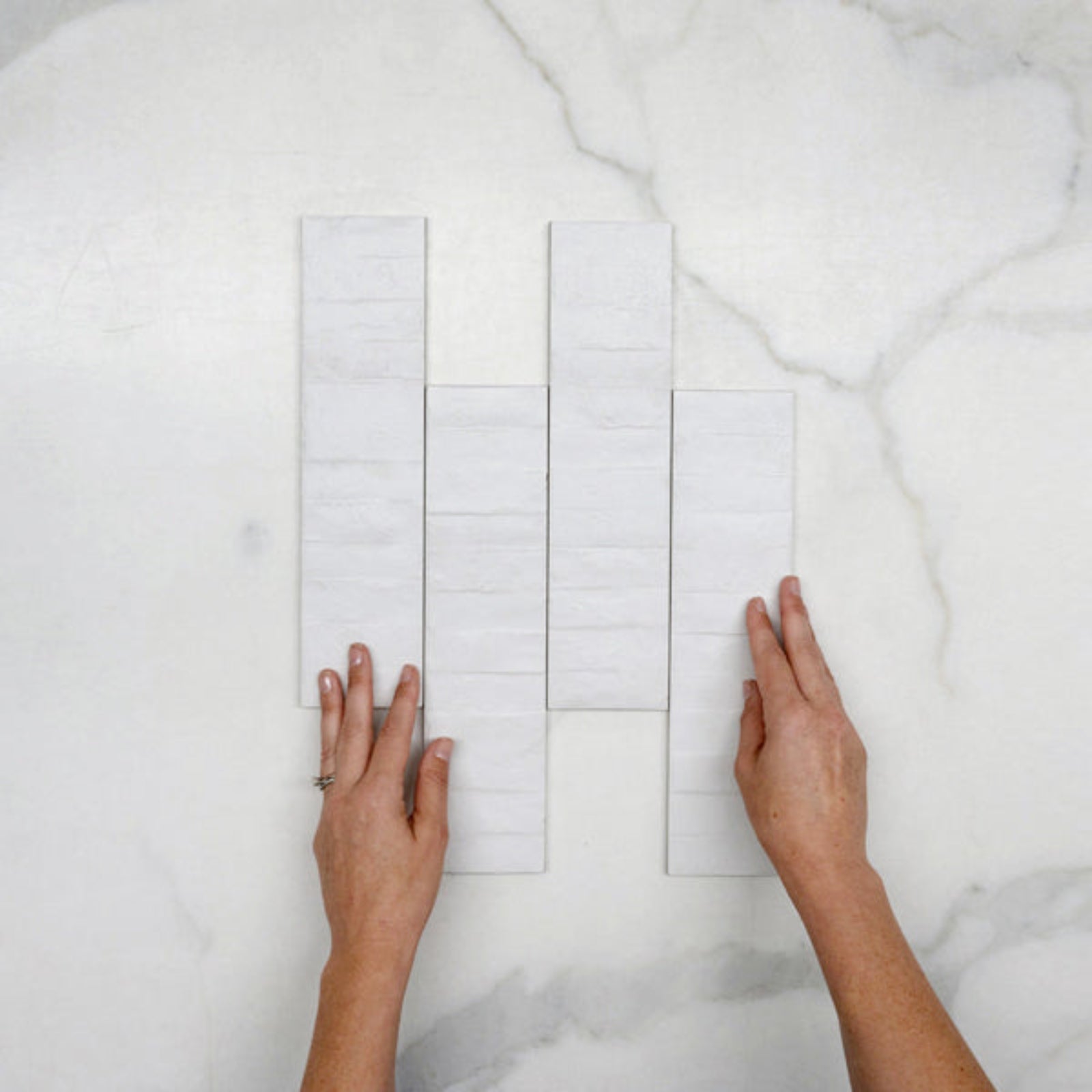 Pattern With Hand Off White Olivia Feature Subway Matte 75 x 300mm Porcelain  - The Blue Space