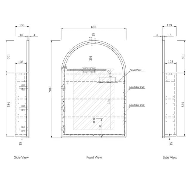Otti Archie LED Shaving Cabinet Matte White Technical Drawing LED-ARSV9060-VP | The Blue Space