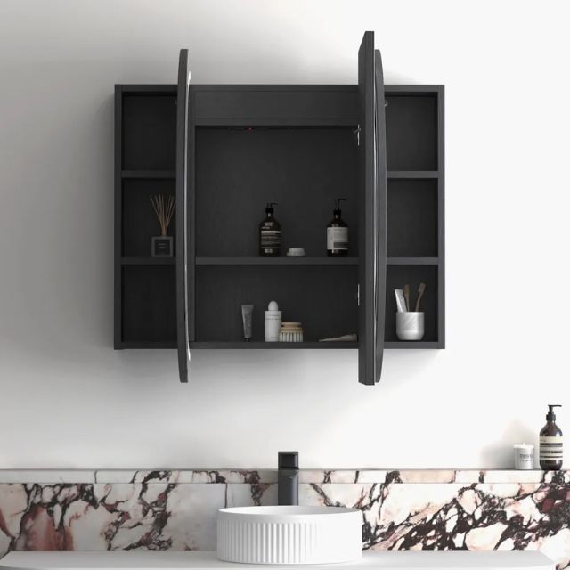 Otti Bondi 1200 LED Shaving Cabinet Black Oak Front View with All Cabinet Door Open LED-BOSV1275B-VP | The Blue Space