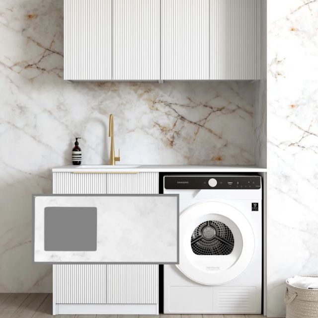 Otti Bondi 1305mm Fluted Laundry Set B - White with Cloudy Carrara Solid Surface Stone Top LA-1305B-BOW-CA-KIT | The Blue Space