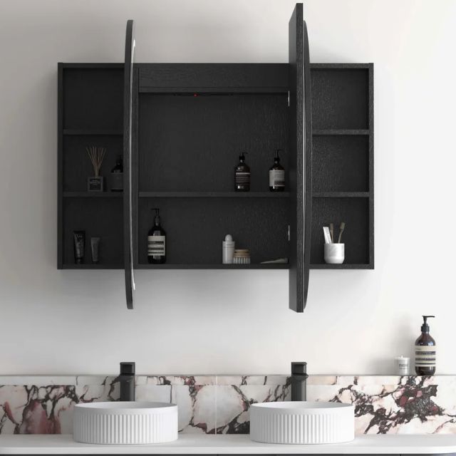 Otti Bondi 1500 LED Shaving Cabinet Black Oak Front View with All Door Open LED-BOSV1590B-VP | The Blue Space