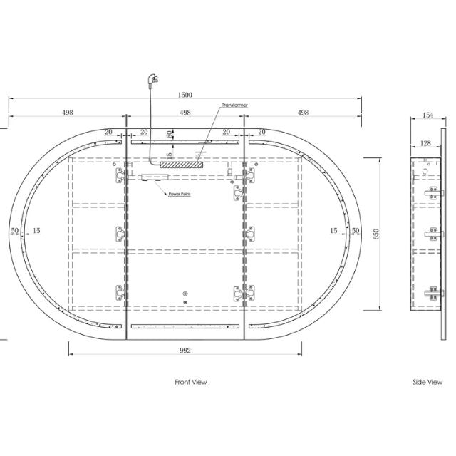 Otti Bondi 1500 LED Shaving Cabinet Matte White Technical Drawing LED-BOSV1590W-VP | The Blue Space