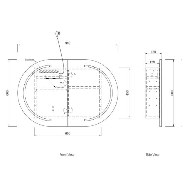 Otti Bondi 900 LED Shaving Cabinet Black Oak Technical Drawing LED-BOSV9060B-VP | The Blue Space
