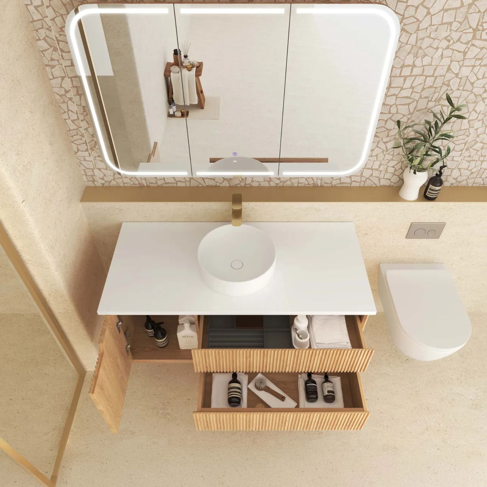 Otti Byron Fluted Woodland Oak Wall Hung Vanity with Matte White Top BYW1200LSTUD-MW - The Blue Space