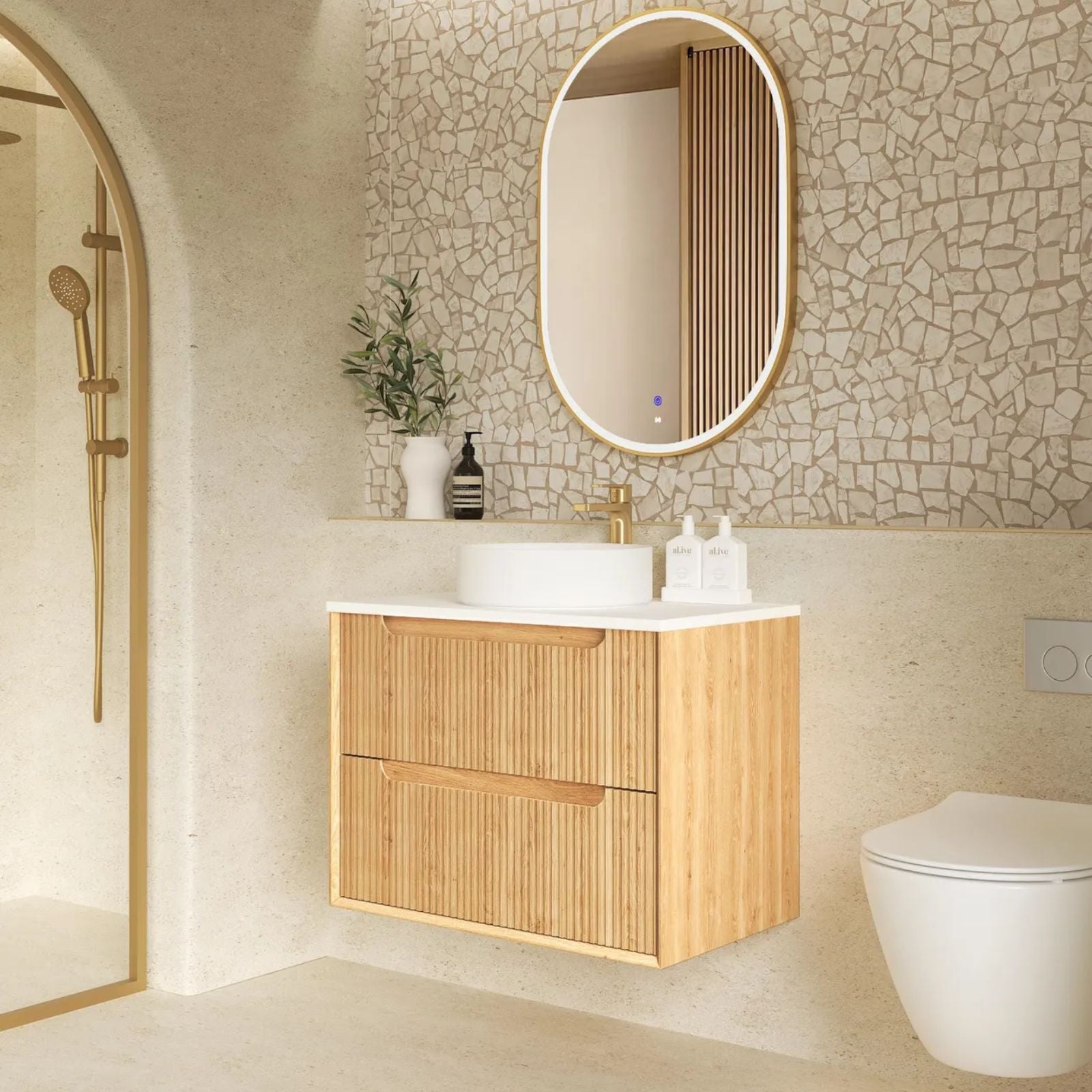 Otti Byron Fluted Woodland Oak Wall Hung Vanity with Pure White Top BYW750LSTUD-PW - The Blue Space