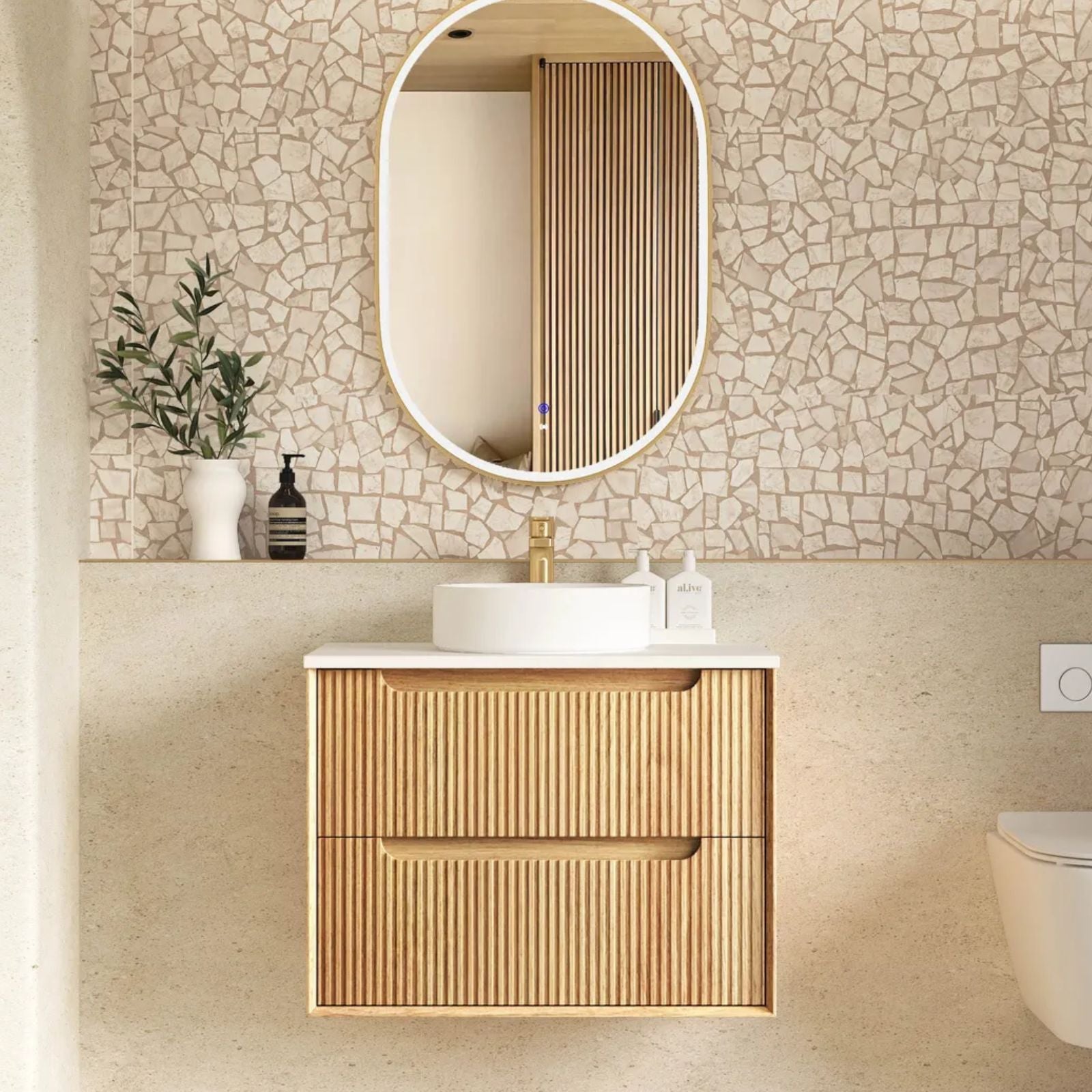 Otti Byron Fluted Woodland Oak Wall Hung Vanity with Pure White Top BYW750LSTUD-PW - The Blue Space