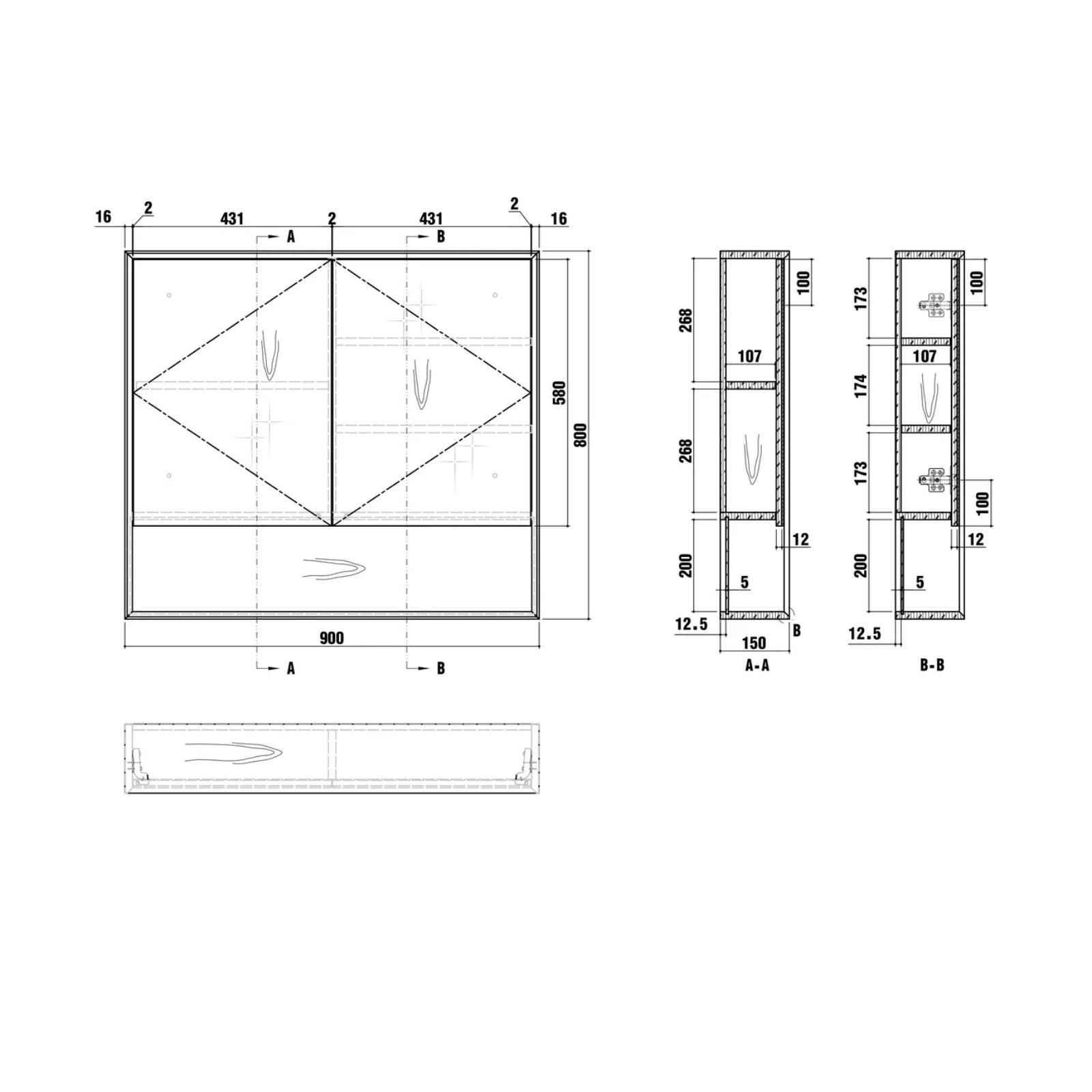 Technical Drawing Otti Byron Shaving Cabinet - Woodland Oak BYWSV900L - The Blue Space