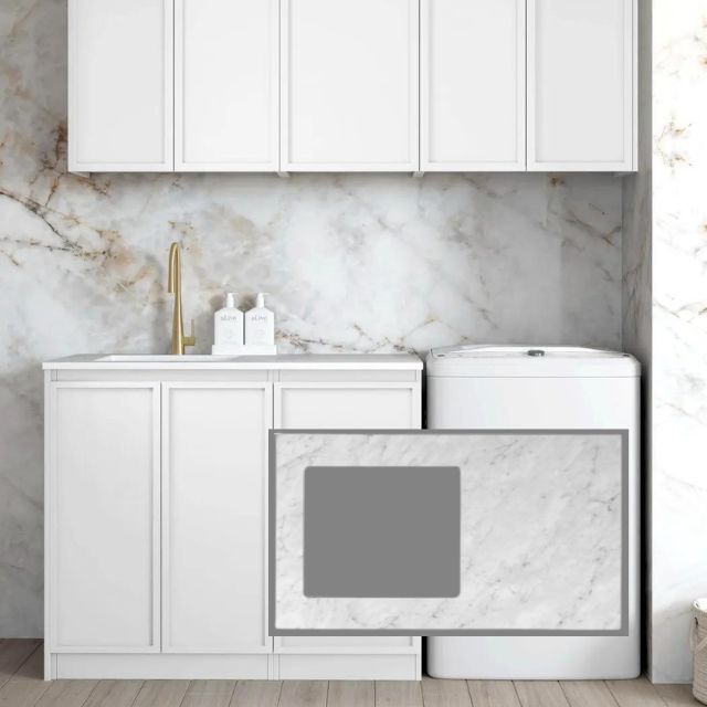 Otti Hampshire 1715mm Laundry Set B - White with Natural Carrara Marble Stone Top LA-1715B-BOHW-NCA-KIT | The Blue Space