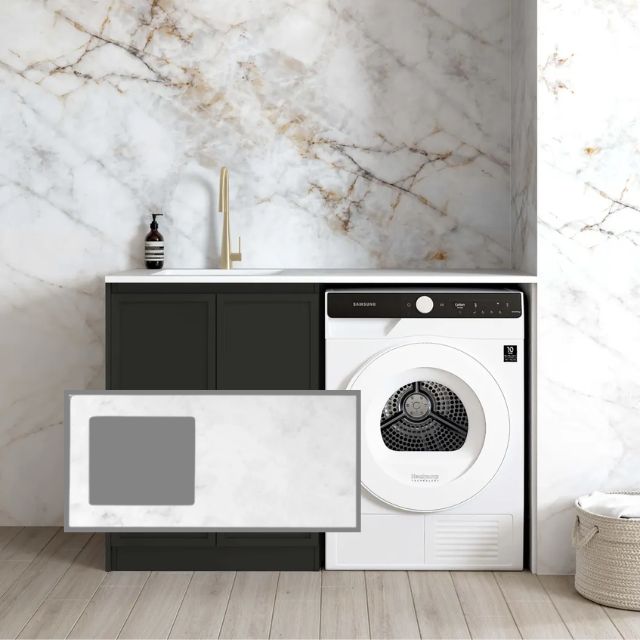 Otti Hampshire Black 1300mm Laundry Cabinet Set with Cloudy Carrara Solid Surface Stone Top LA-1300-BOHB-CA-KIT | The Blue Space