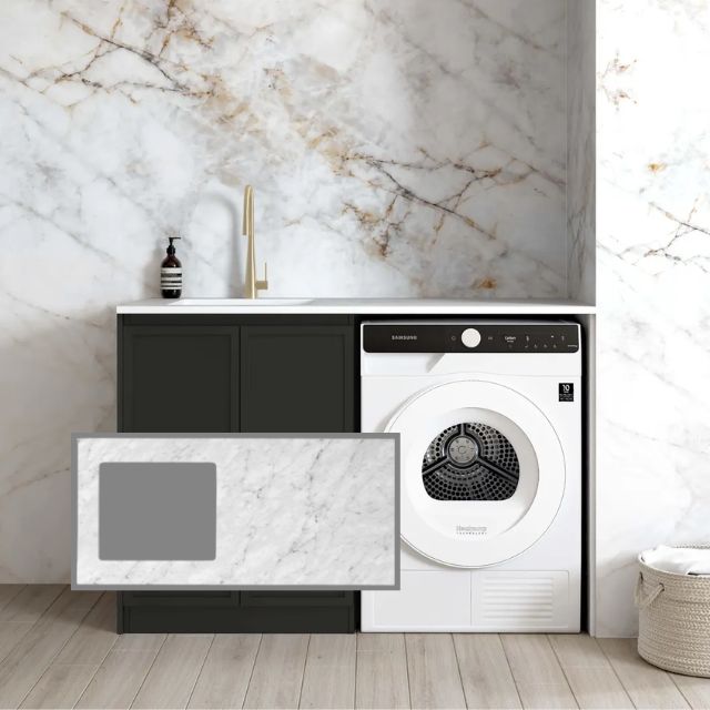 Otti Hampshire Black 1300mm Laundry Cabinet Set with Natural Carrara Marble Stone Top LA-1300-BOHB-NCA-KIT | The Blue Space