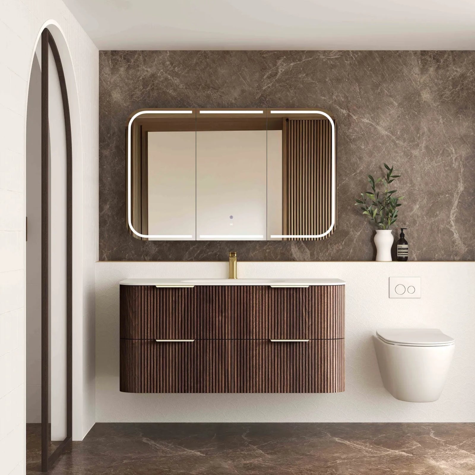 Front Otti Havana Fluted Curved Sable Walnut Wall Hung Vanity with Chloe Silk Top HA1200SWMT-CS - The Blue Space