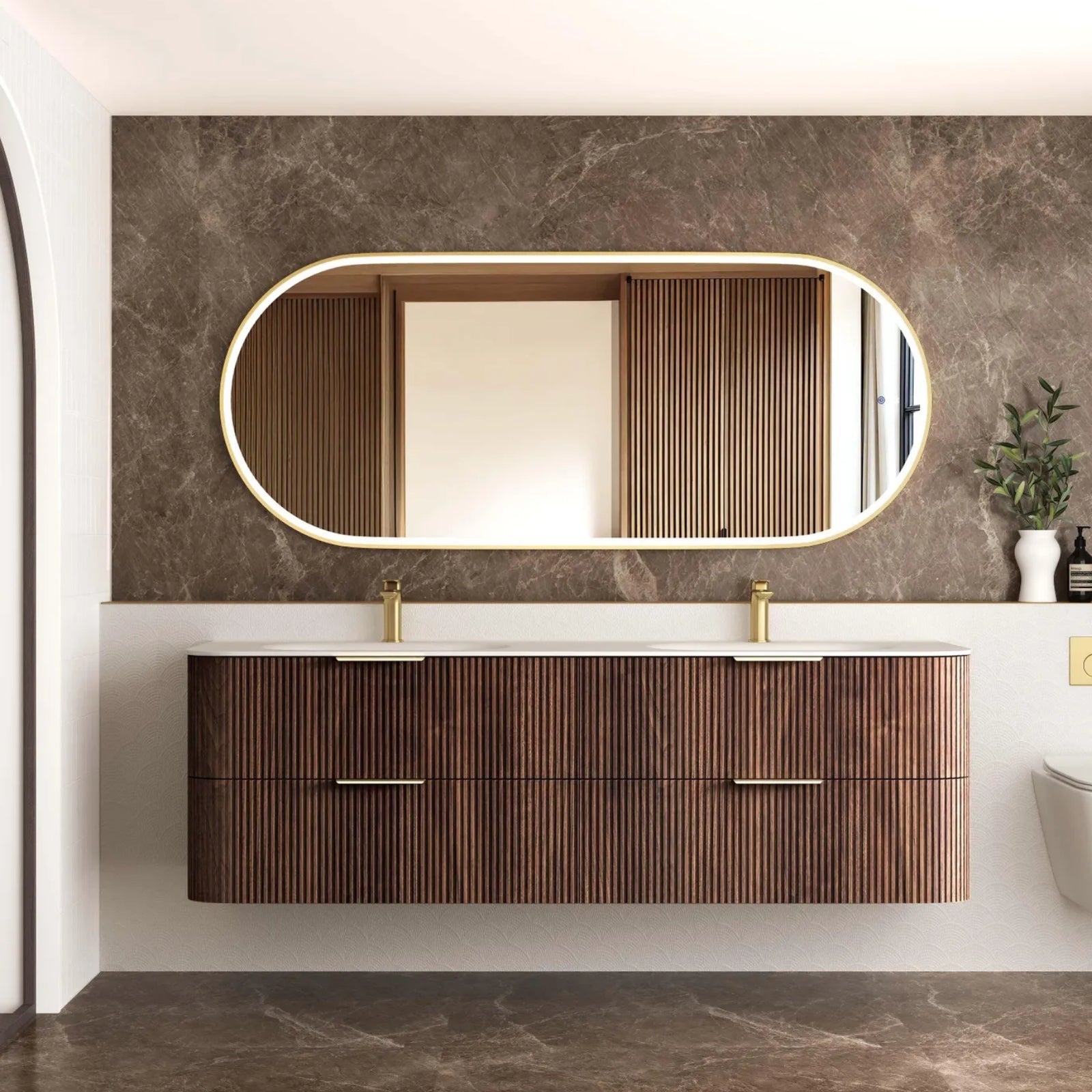 Lifestyle Otti Havana Fluted Curved Sable Walnut Wall Hung Vanity with Chloe Silk Top HA1800SWMT-CS - The Blue Space
