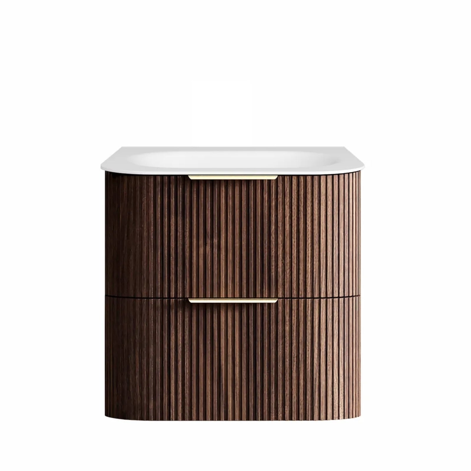 Front Otti Havana Fluted Curved Sable Walnut Wall Hung Vanity with Chloe Silk Top HA600SWMT-CS - The Blue Space