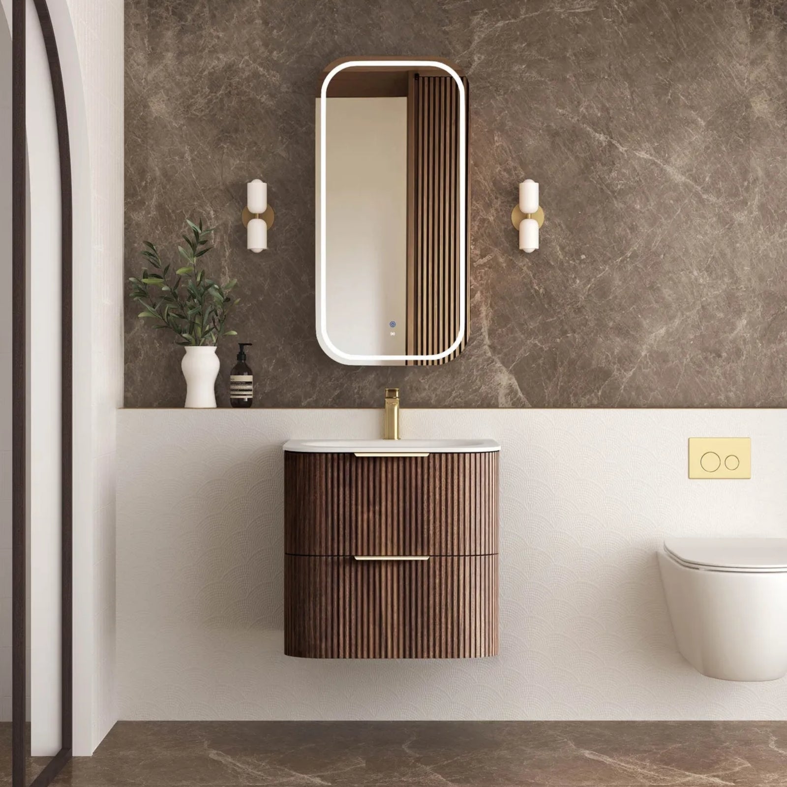 Lifestyle Otti Havana Fluted Curved Sable Walnut Wall Hung Vanity with Chloe Silk Top HA600SWMT-CS - The Blue Space