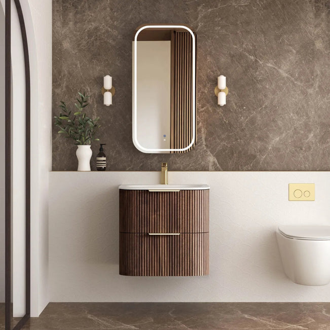 Lifestyle Otti Havana Fluted Curved Sable Walnut Wall Hung Vanity with Chloe Silk Top HA600SWMT-CS - The Blue Space