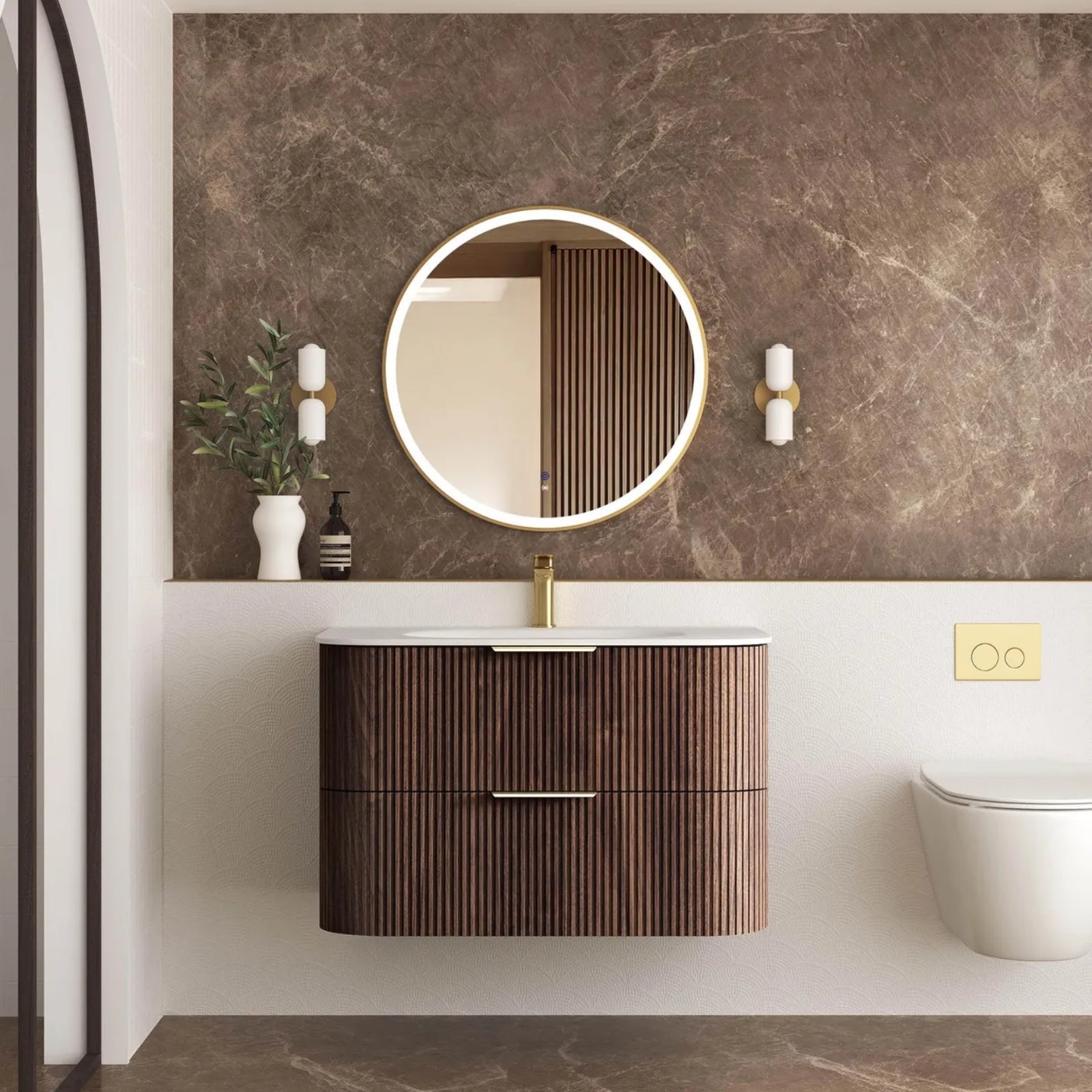 Front Otti Havana Fluted Curved Sable Walnut Wall Hung Vanity with Chloe Silk Top HA900SWMT-CS - The Blue Space