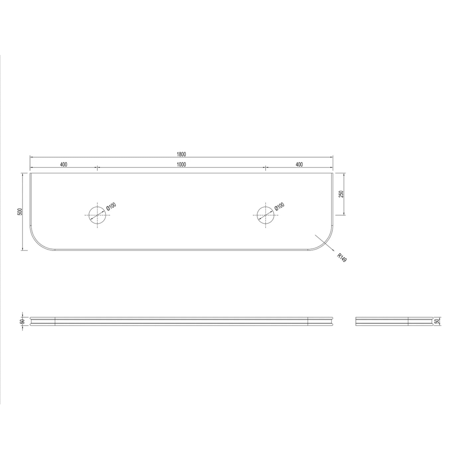 Benchtop Technical Drawing Otti Havana Fluted Curved Sable Walnut Wall Hung Vanity with Stone Top HA1800SWST-SD - The Blue Space