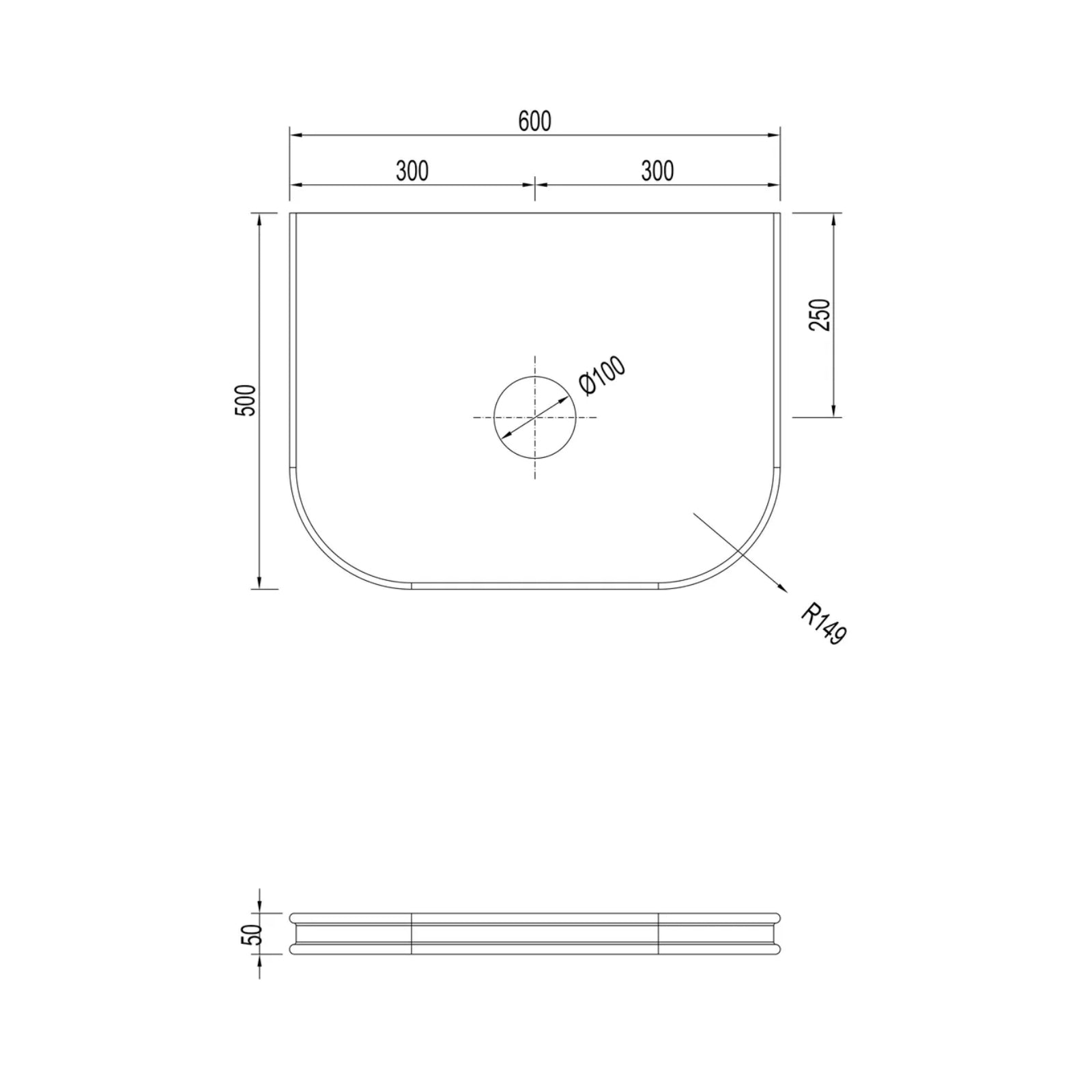 Technical Drawing Otti Havana Fluted Curved Sable Walnut Wall Hung Vanity with Stone Top HA600SWST-SD - The Blue Space