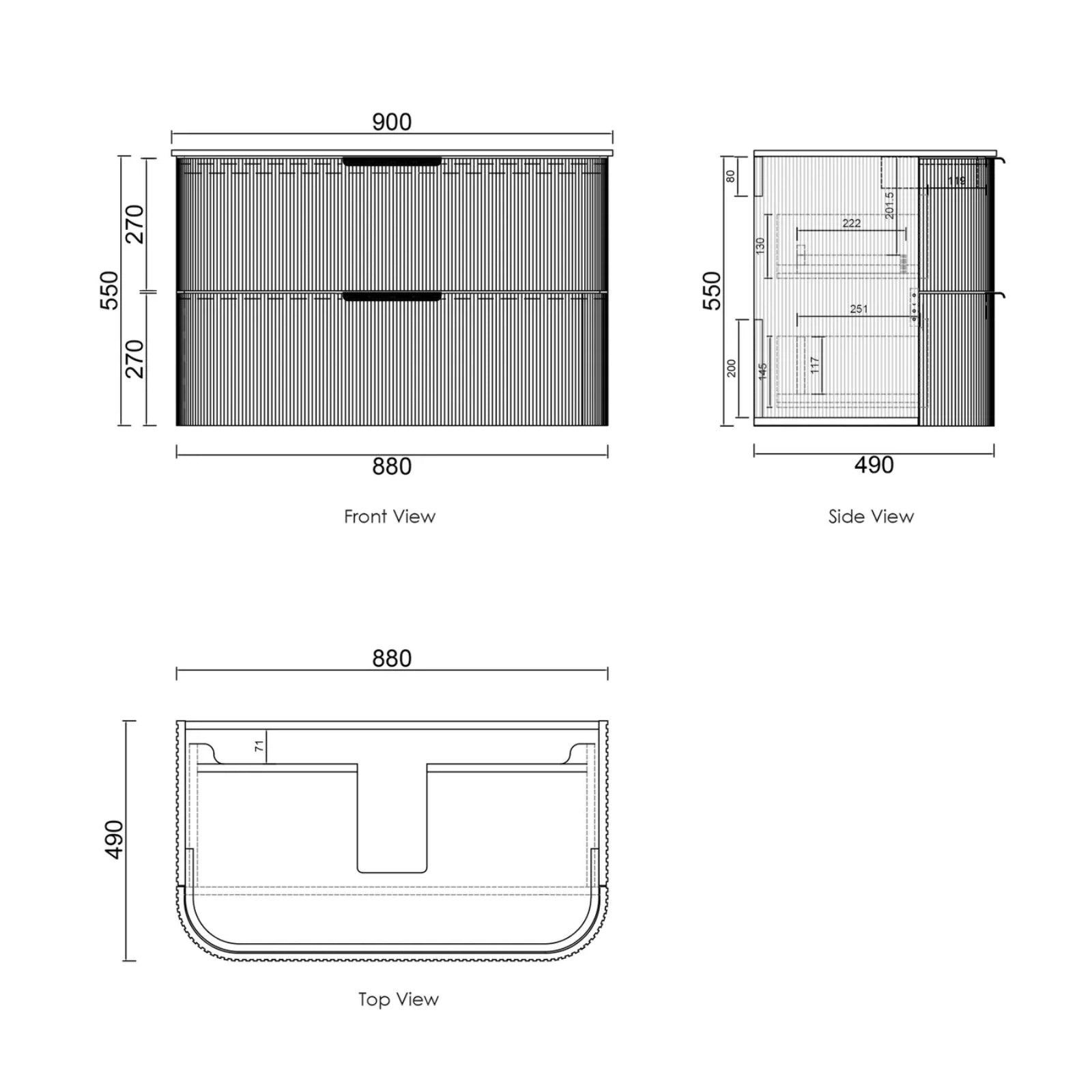 Technical Drawing Otti Havana Fluted Curved Sable Walnut Wall Hung Vanity with Stone Top HA900SWST-SD - The Blue Space
