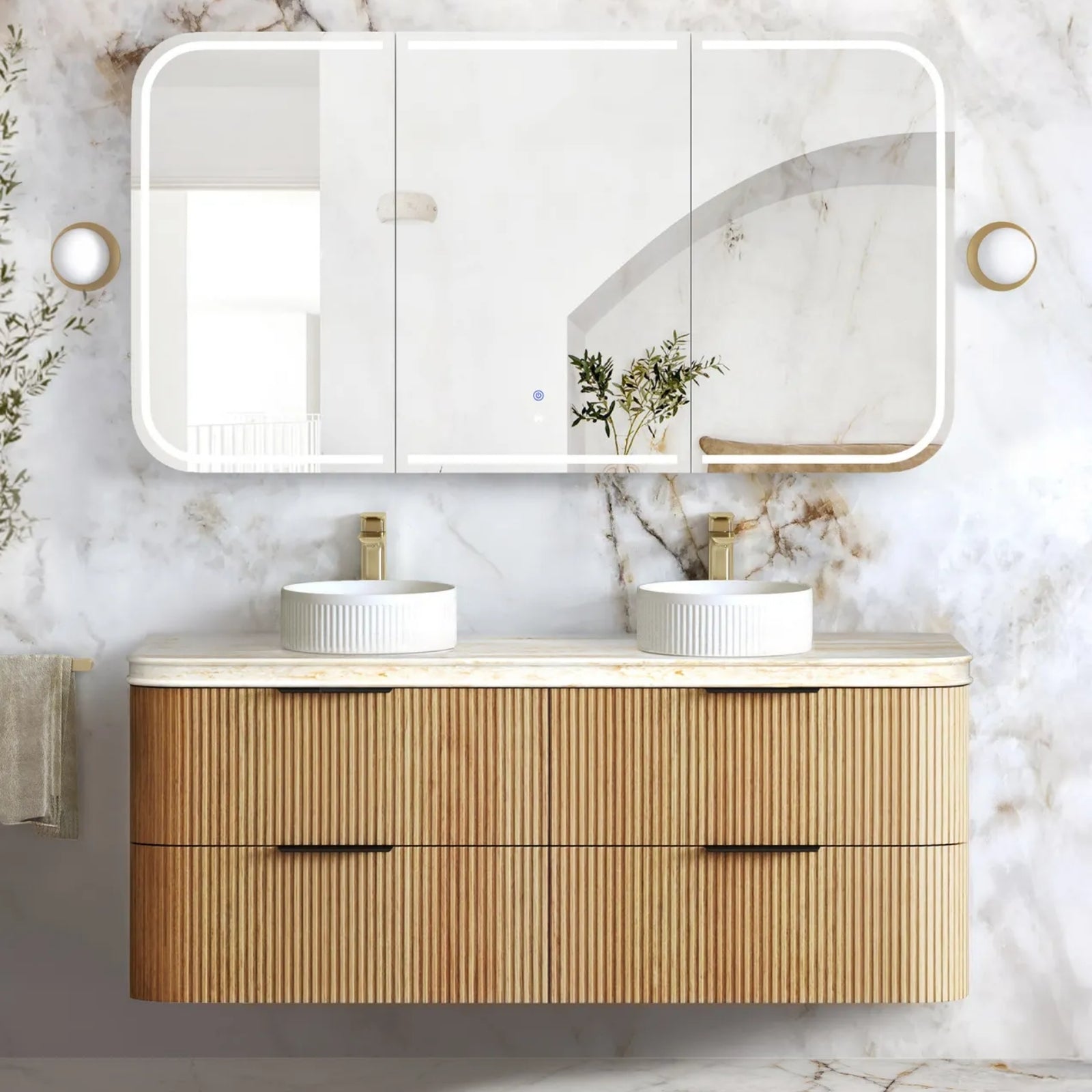 Lifestyle Otti Havana Fluted Curved Wall Hung Vanity with Stone Top - Woodland Oak HAW1500LST-SD - The Blue Space