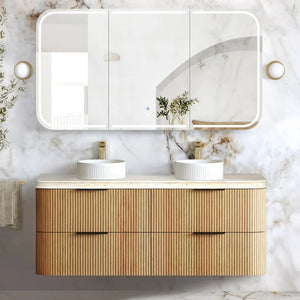 Otti Havana Fluted Curved Wall Hung Vanity with Stone Top - Woodland Oak